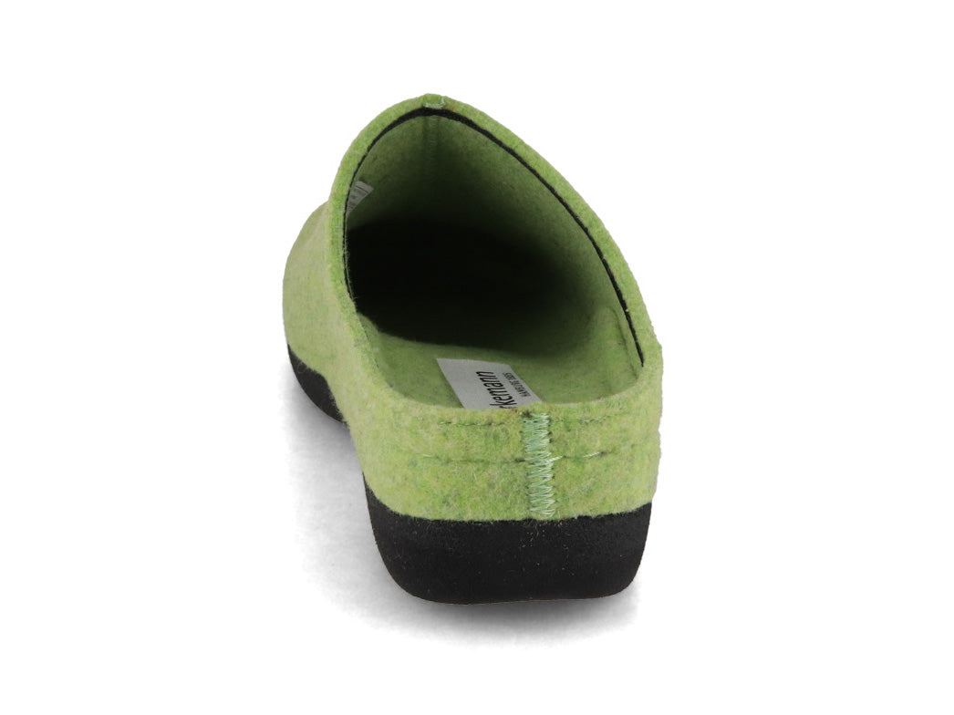 Berkemann BERKINA Lauren Recycled Wool Felt Clogs in Green, rear three-quarter view; overhead top-down