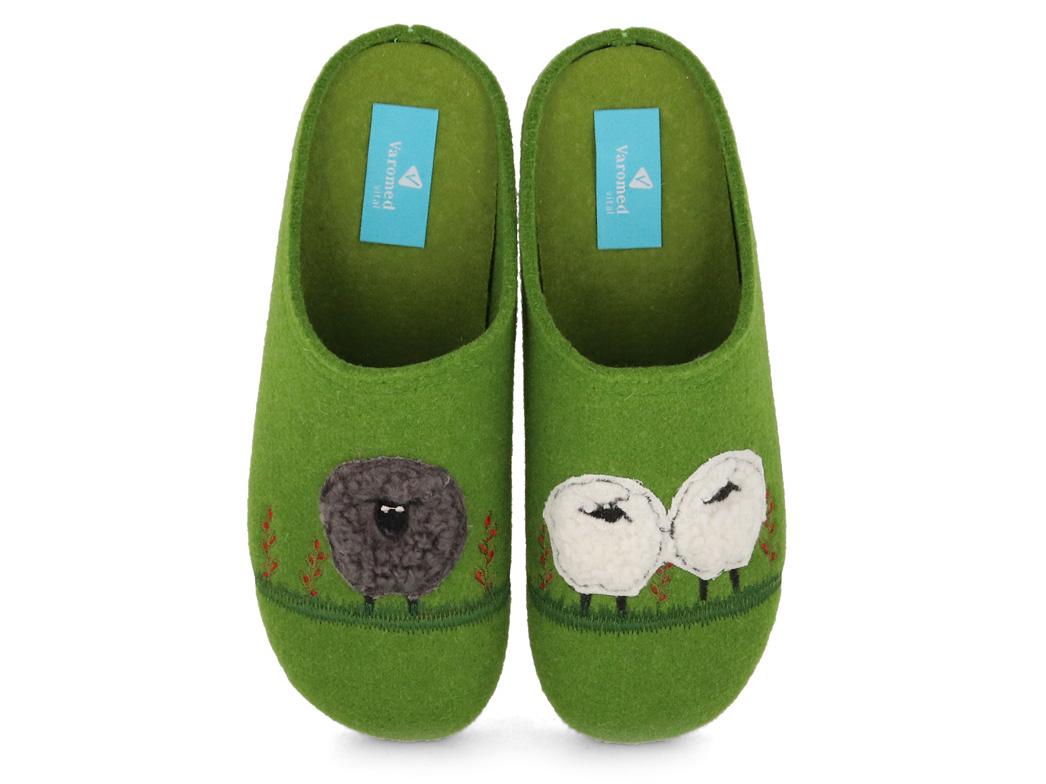 Varomed Fina showing a pistachio-green felt upper with a sheep motif across the pair
