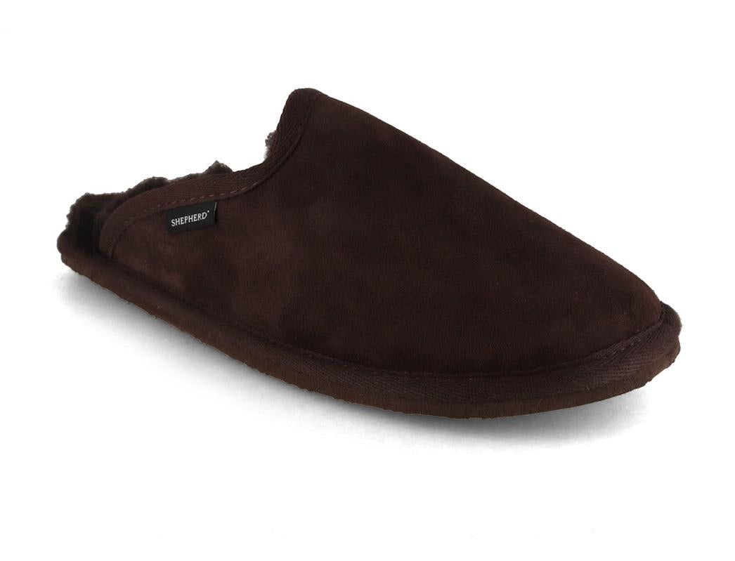 Shepherd Men's Lambskin Slipper showing a dark moro-brown lambskin upper with a plush interior and open heel