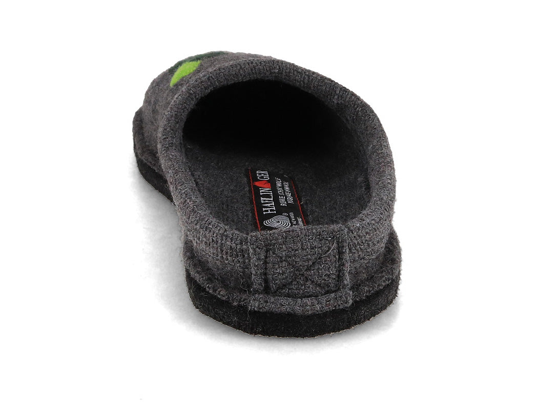 HAFLINGER Flair Wine Time Boiled Wool Slippers in Anthracite, wool felt, rear three-quarter view; overhead top-down