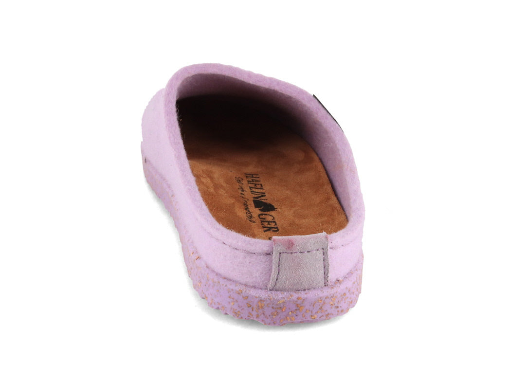 HAFLINGER Manhattan Women's Wool Felt Slippers in Lilac, rear three-quarter view; overhead top-down