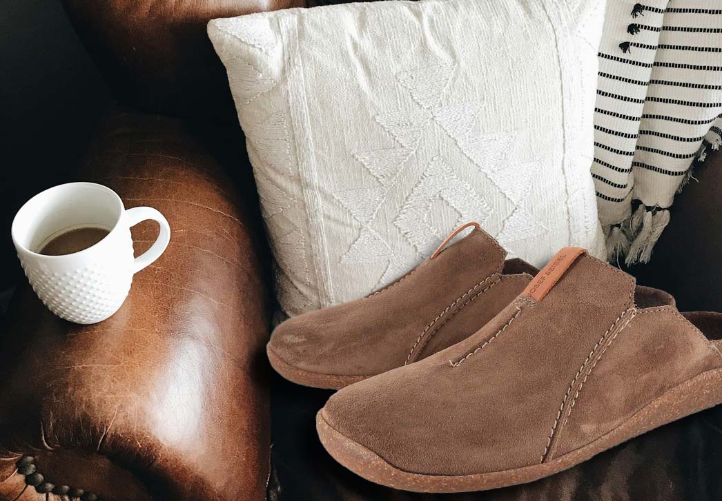 Josef Seibel Vince Men's Leather Clogs, Taupe, lifestyle pair beside a coffee cup