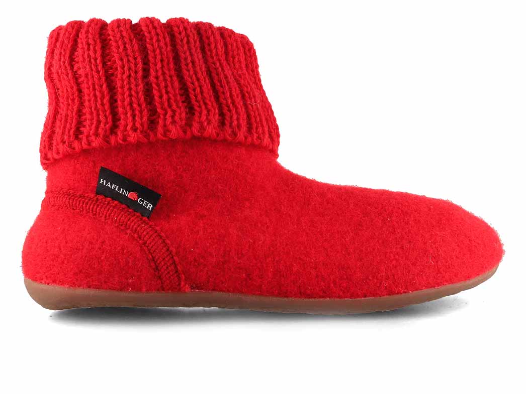 HAFLINGER Everest Karlo Wool Slipper Boots in Ruby, wool felt, outer side profile, ruby colorway