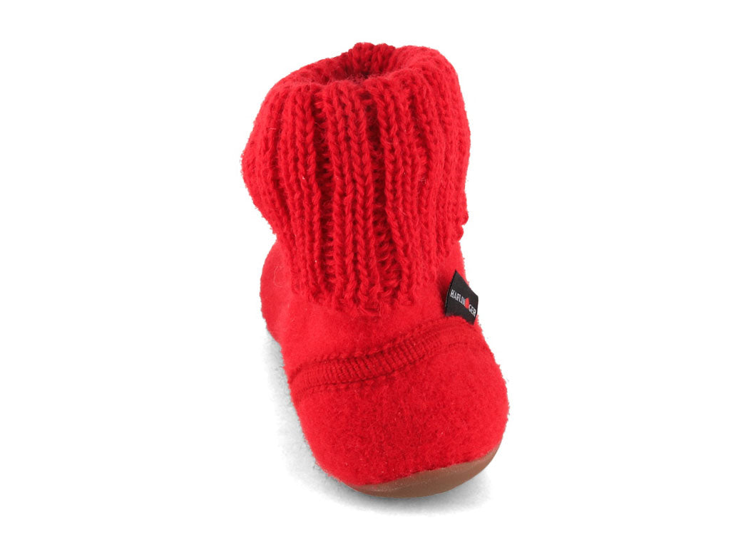 HAFLINGER Everest Karlo Wool Slipper Boots in Ruby, wool felt, rear three-quarter view; overhead top-down