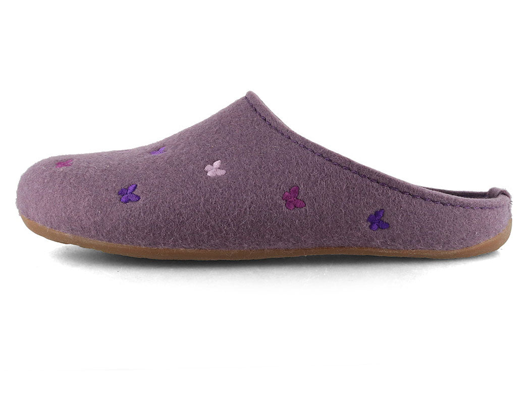 HAFLINGER Farfalline Women's Wool Felt Slippers in Eggplant, inner side profile; inner medial profile