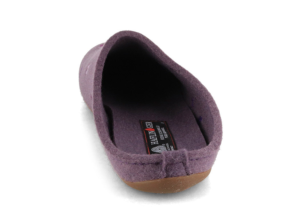 HAFLINGER Farfalline Women's Wool Felt Slippers in Eggplant, rear three-quarter view; overhead top-down