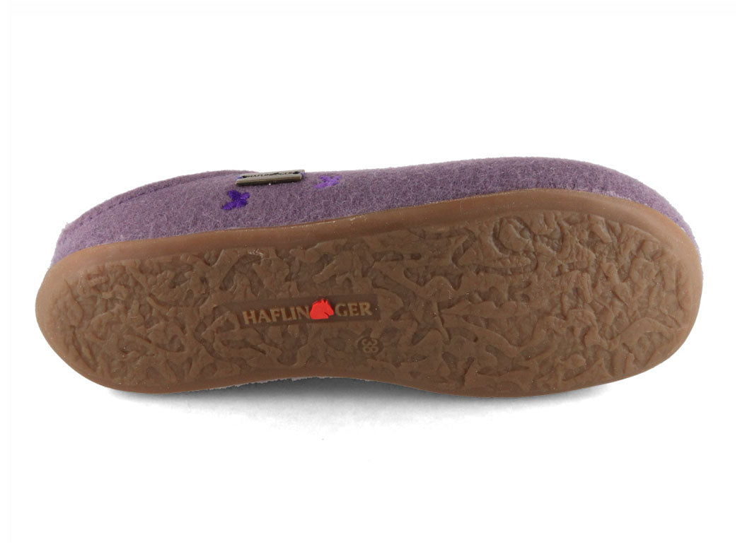 HAFLINGER Farfalline Women's Wool Felt Slippers in Eggplant, outsole view; pair lifestyle layout