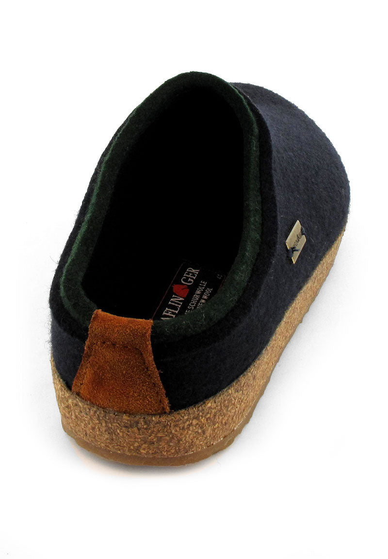 HAFLINGER Grizzly Kris wool felt clog in dark blue, rear three-quarter view