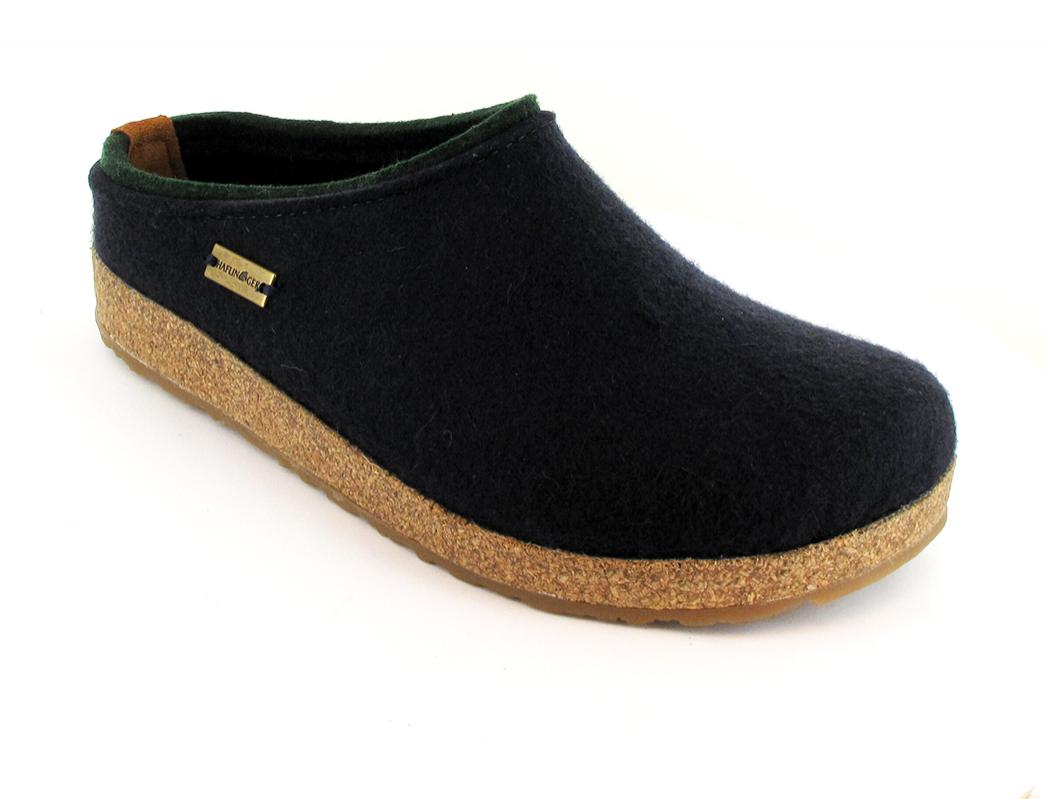 HAFLINGER Grizzly Kris wool felt clog in dark blue, front three-quarter view