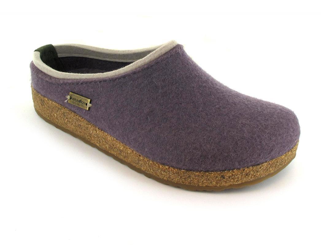 HAFLINGER Grizzly Kris wool felt clog in eggplant, front three-quarter view
