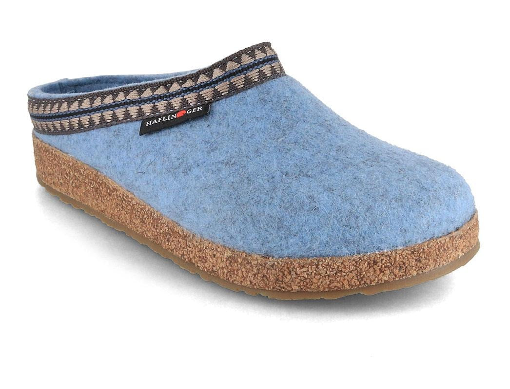 HAFLINGER Grizzly Lucky ice blue showing an ice-blue felt upper with a patterned woven collar