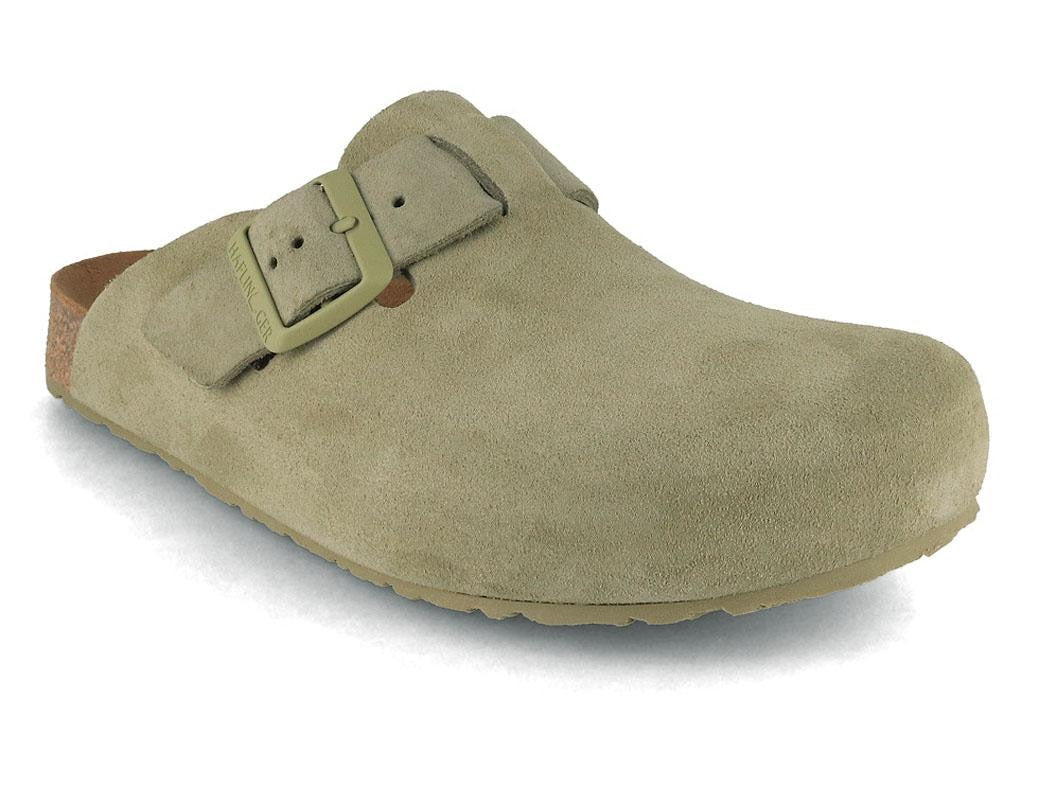 HAFLINGER Porto showing a pale sage leather upper with two adjustable buckles