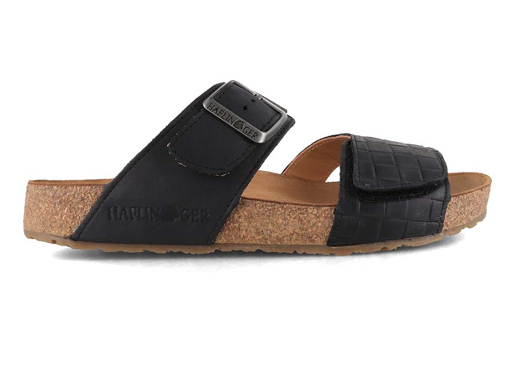 HAFLINGER Bio Aria Women's Printed Leather Sandals in Black, outer side profile