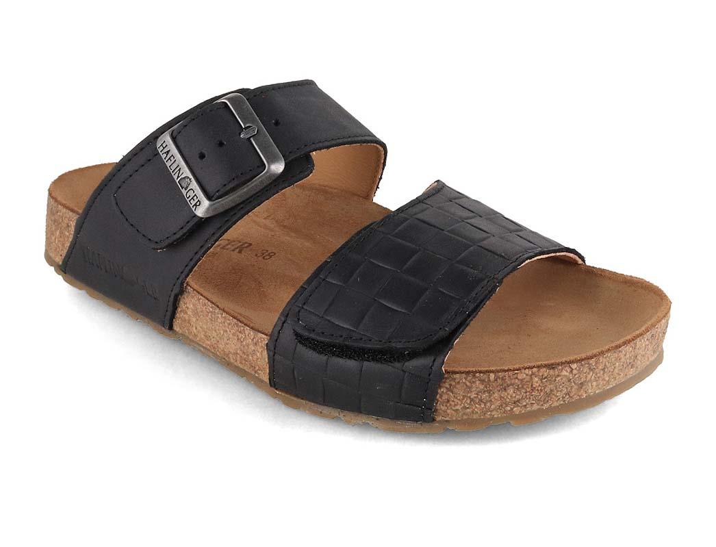 HAFLINGER Bio Aria Women's Printed Leather Sandals in Black, front three-quarter view