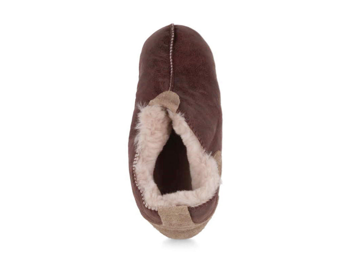 Lammbock Texel brown slipper boot, top view showing shearling lining