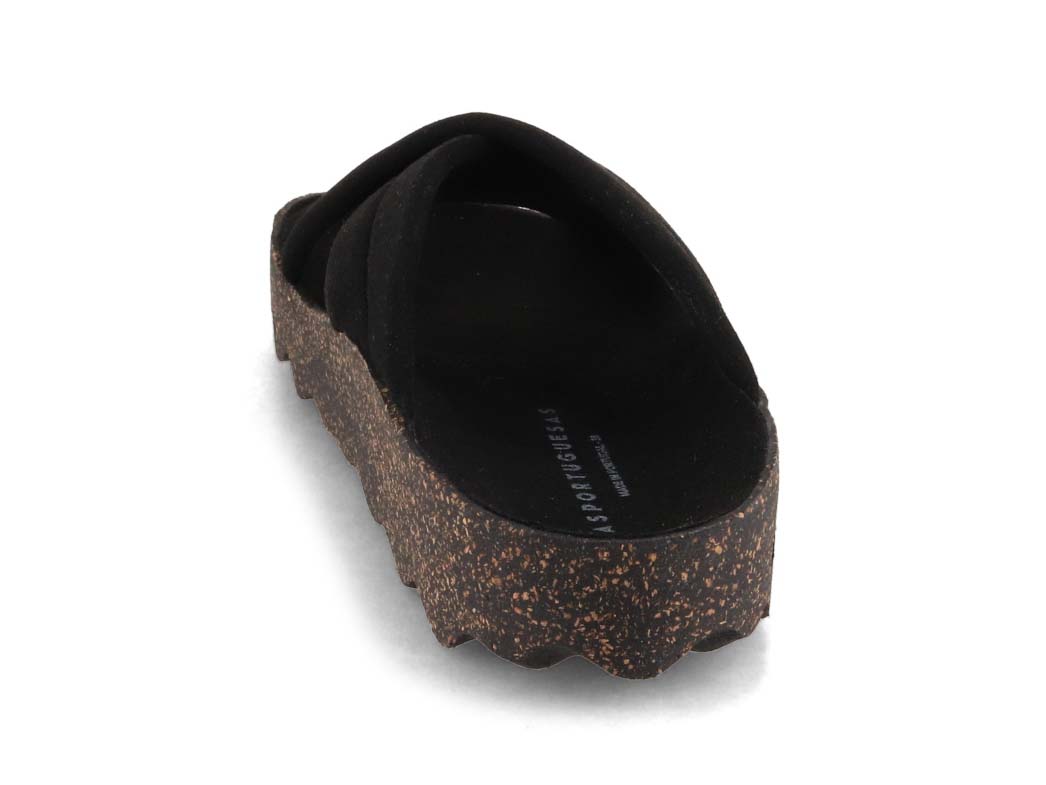 ASPORTUGUESAS Curr Criss-Cross Sandals in Black, rear three-quarter view; overhead top-down