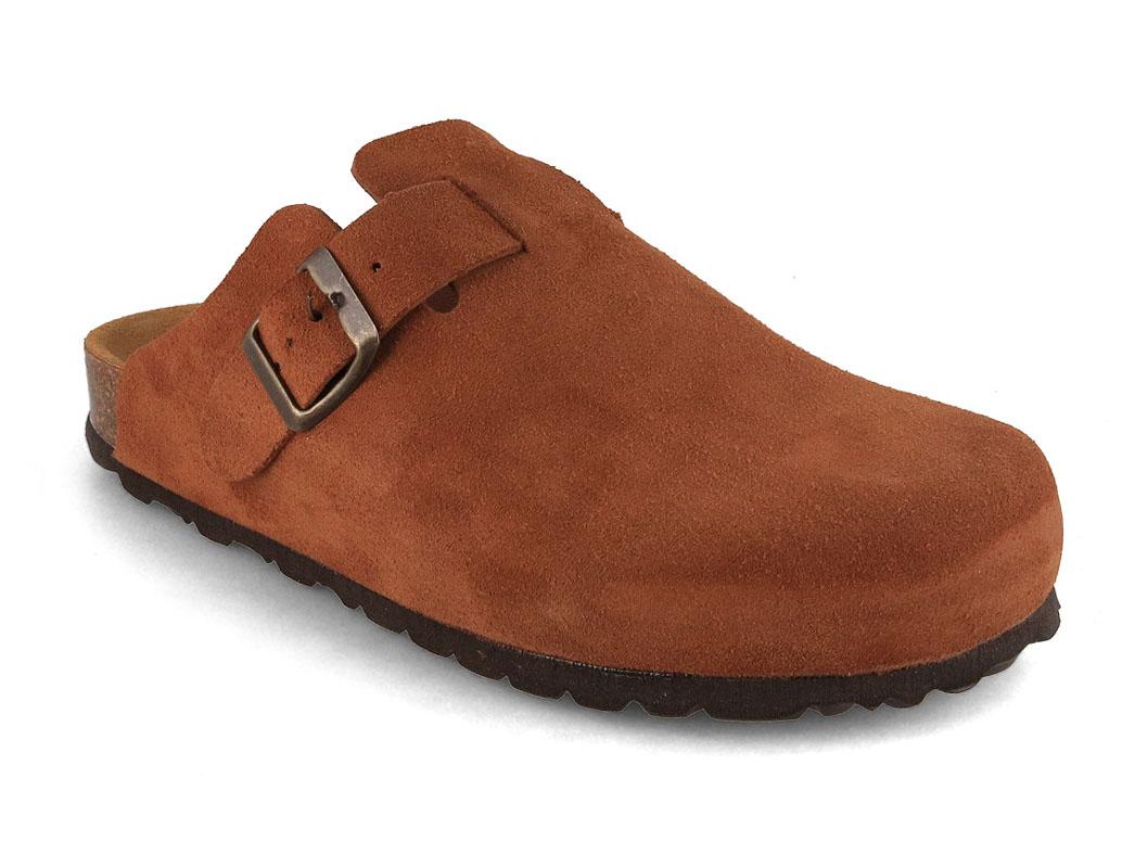 Tuffeln Helgoland showing a tobacco-brown nubuck upper with an adjustable buckle strap