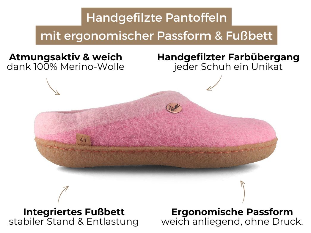 WoolFit Sherpa Felted Wool Slippers, Natural Rubber Sole in Rosa, wool felt, outer side profile