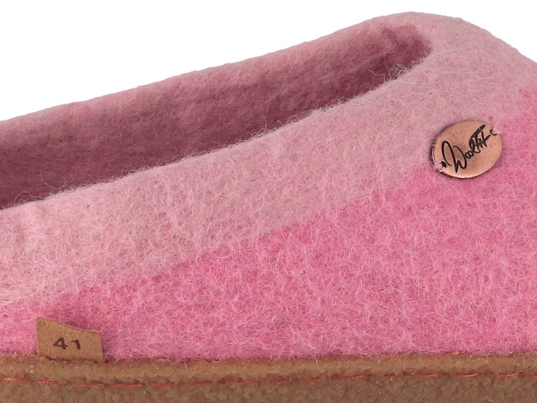WoolFit Sherpa Felted Wool Slippers, Natural Rubber Sole in Rosa, wool felt, detail close-up