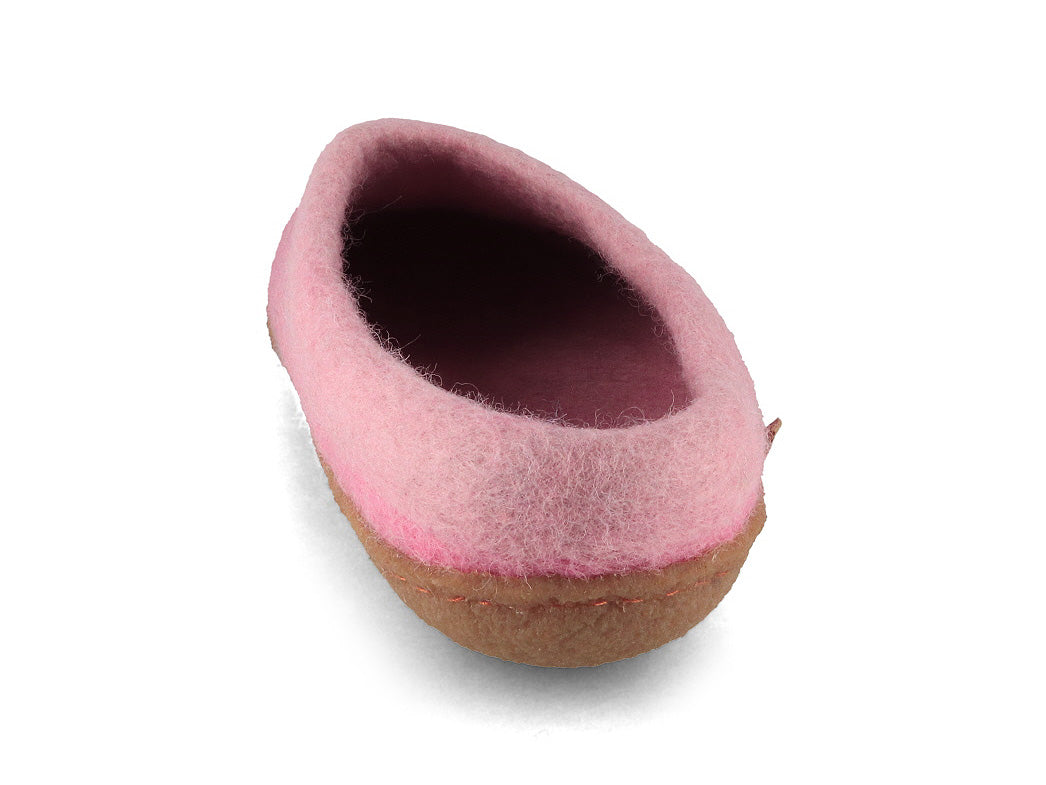 WoolFit Sherpa Felted Wool Slippers, Natural Rubber Sole in Rosa, wool felt, rear three-quarter view; overhead top-down