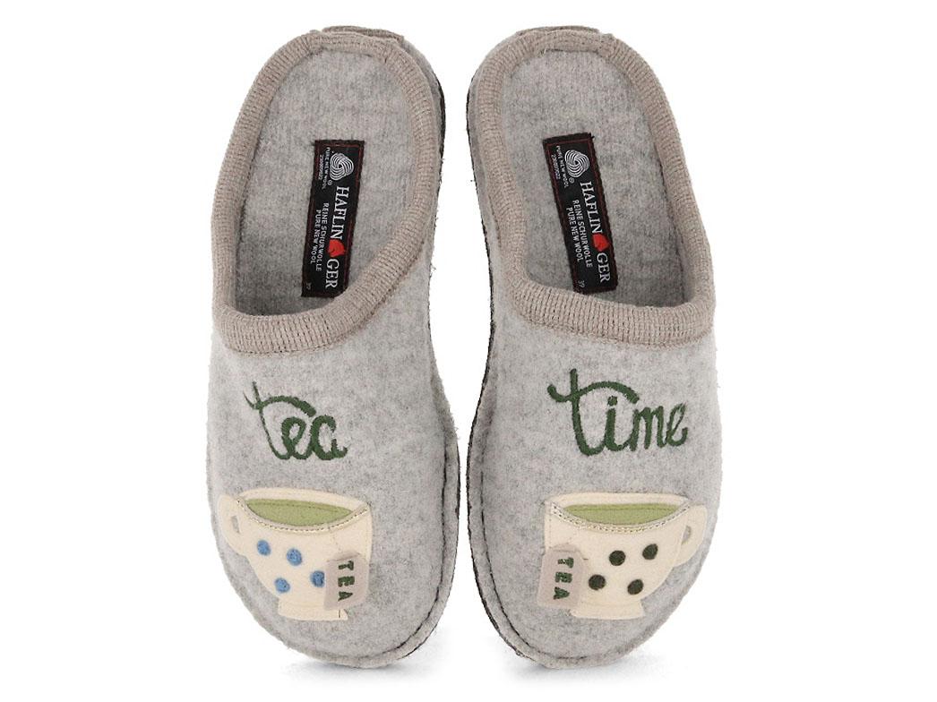 HAFLINGER Flair Tea Time stone-gray boiled wool slipper pair, close-up top view