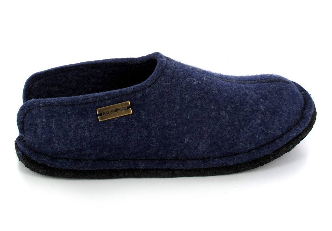 HAFLINGER Flair Smily denim blue wool felt slipper, side view with logo