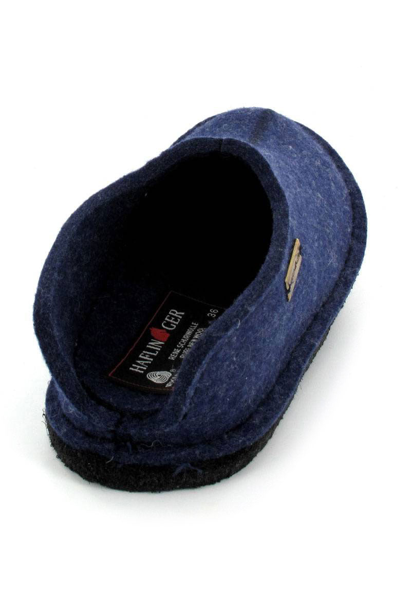 HAFLINGER Flair Smily denim blue wool felt slipper, interior and heel view