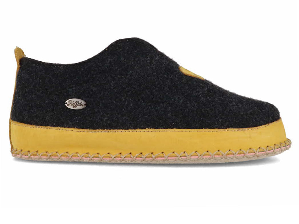 Tuffeln Urig gray and yellow wool slippers, outer side profile
