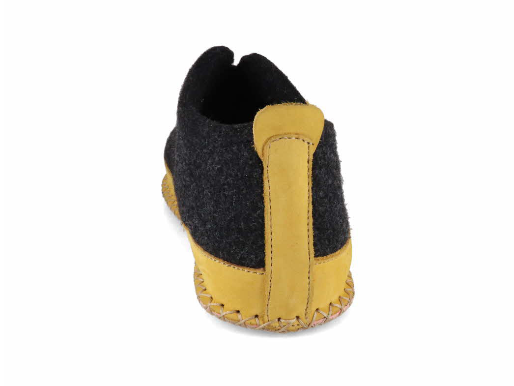 Tuffeln Urig gray and yellow wool slippers, rear view