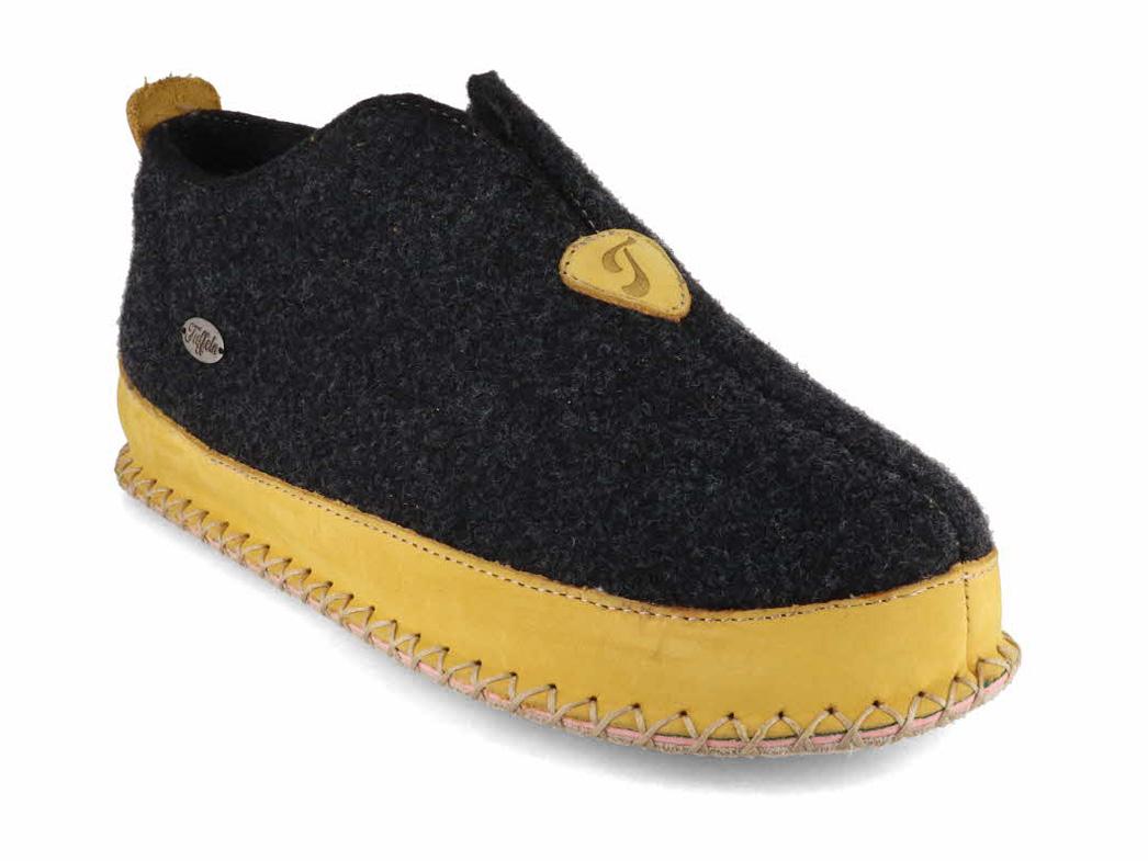 Tuffeln Urig gray and yellow wool slippers, front three-quarter view