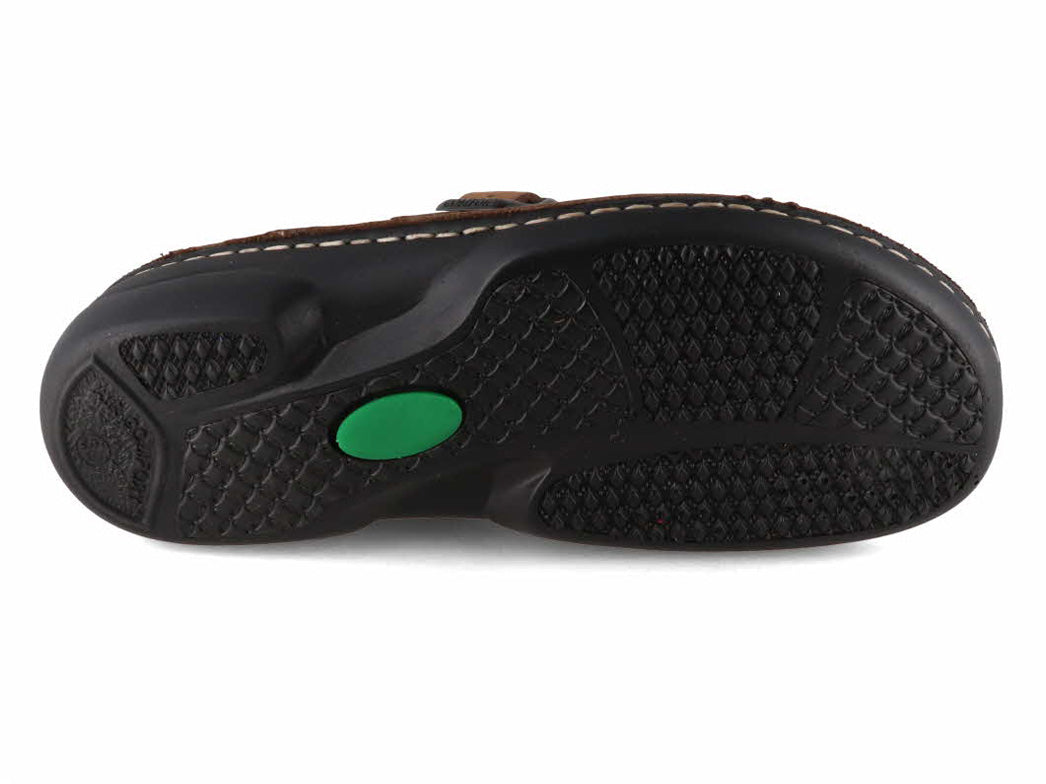 Black treaded outsole of Tuffeln Galant brown leather clog