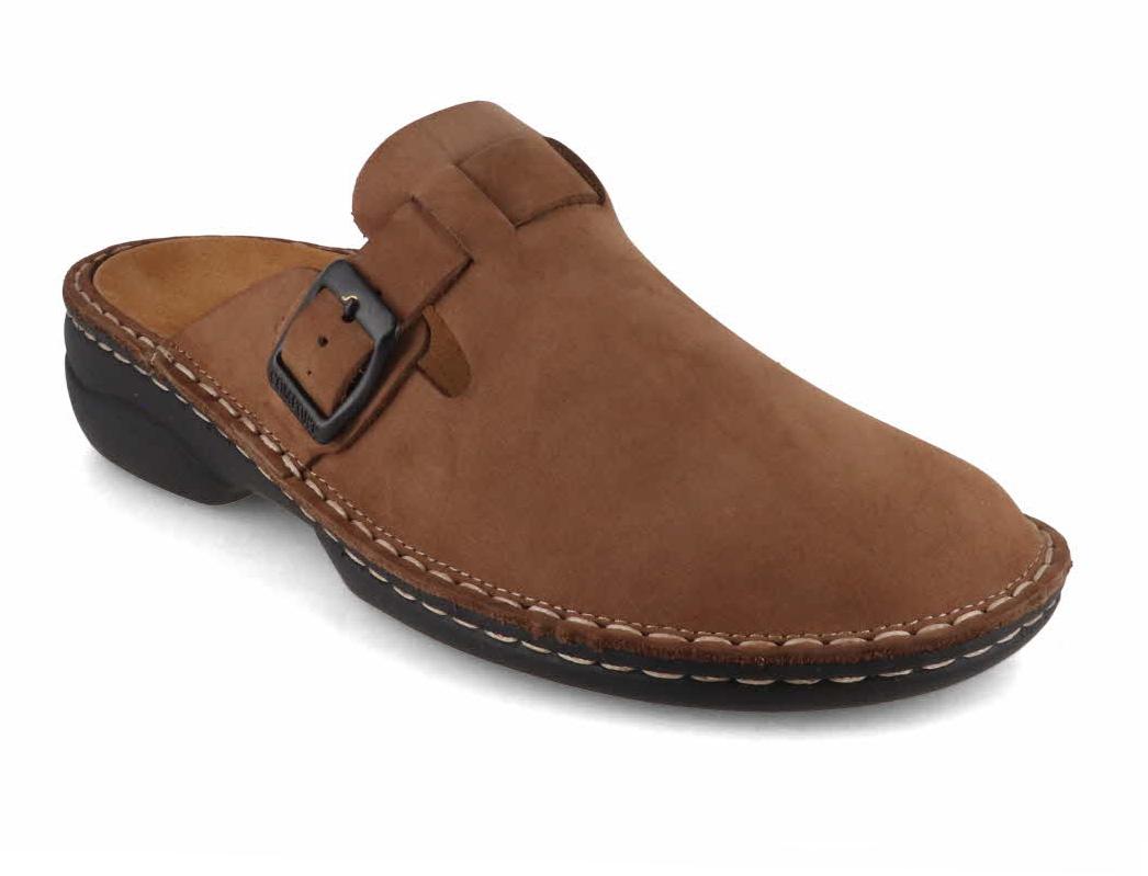 Tuffeln Galant brown women's leather clogs, front three-quarter view