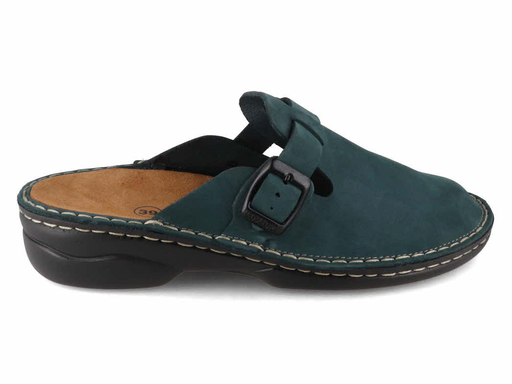 Tuffeln Galant blue leather clog, outer side profile