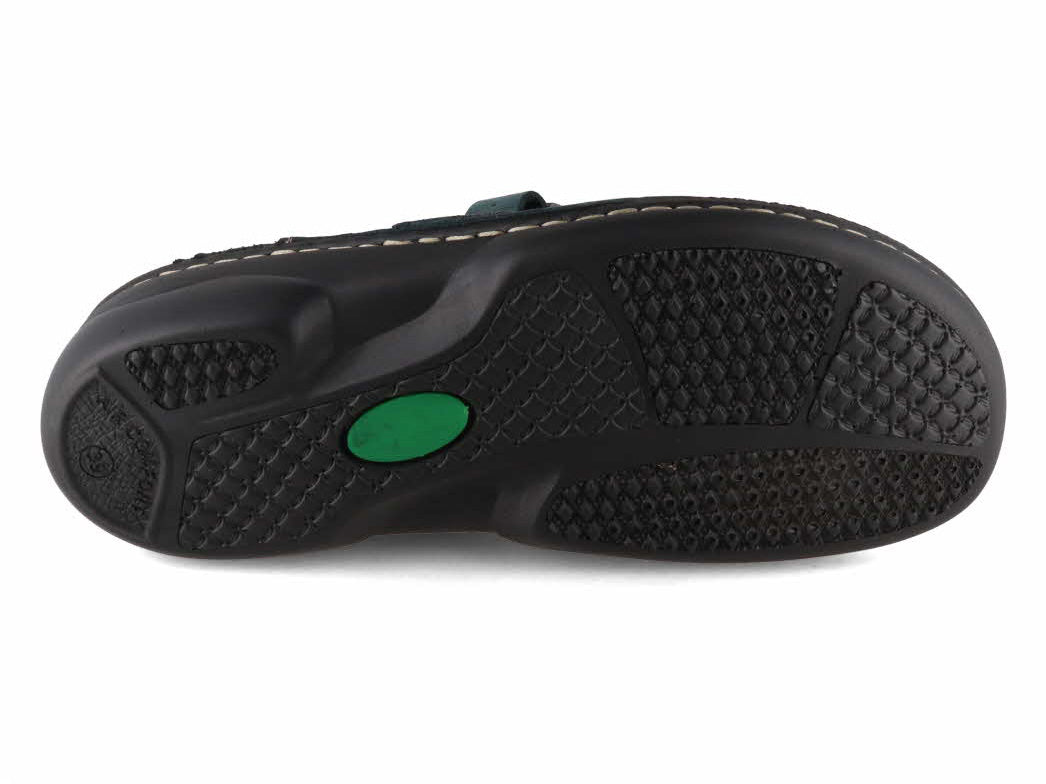 Black treaded outsole of Tuffeln Galant blue leather clog