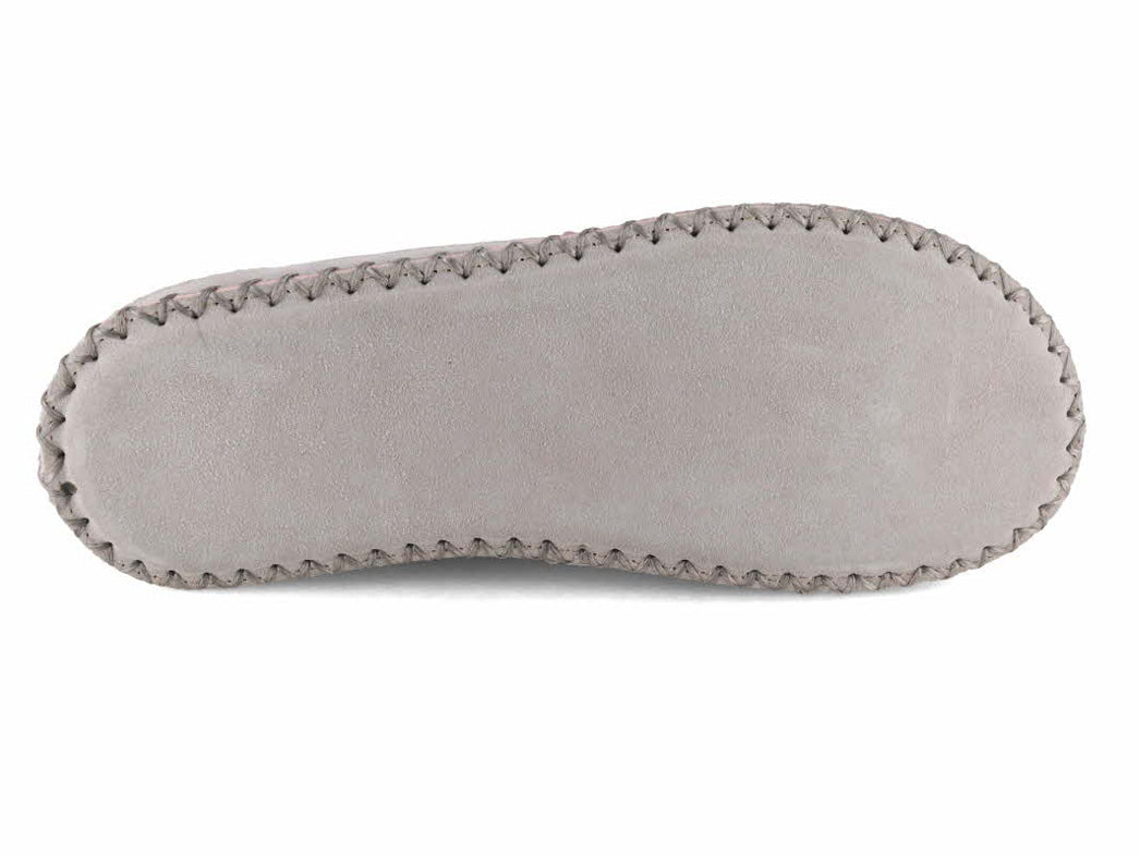 Light gray outsole of Tuffeln Urig beige plaid women's slippers, bottom view