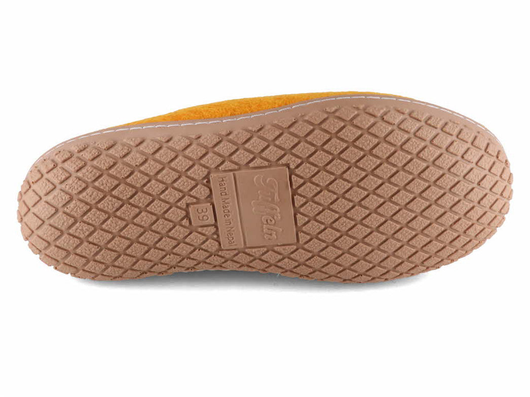 Tan geometric-tread outsole of Tuffeln Pantuffel orange wool felt slippers, bottom view
