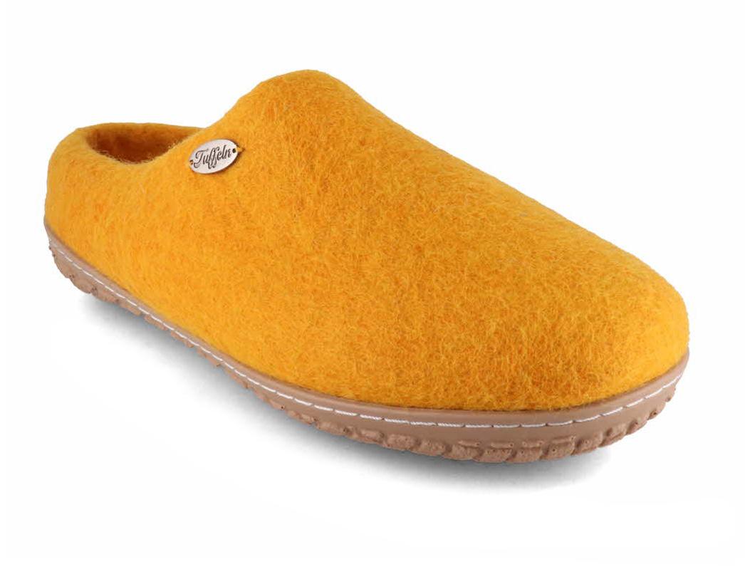 Tuffeln Pantuffel orange wool felt slippers, front three-quarter view
