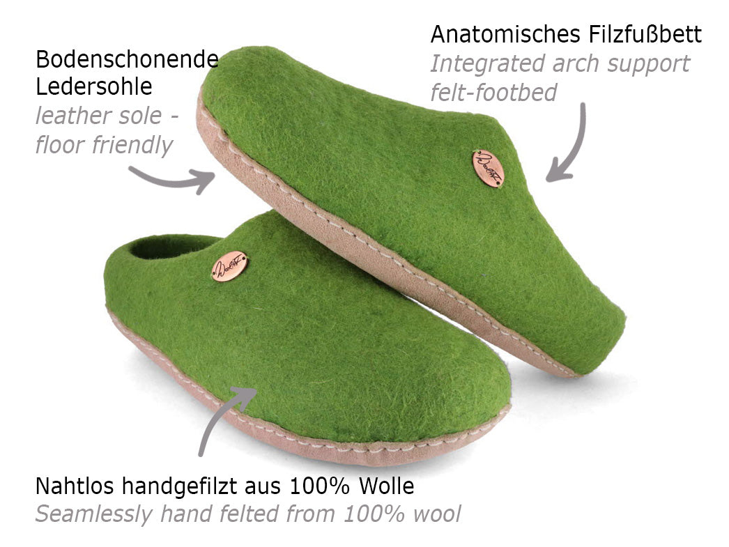Woolfit Felt Slippers Footprint Green, footwear, heel and lining detail