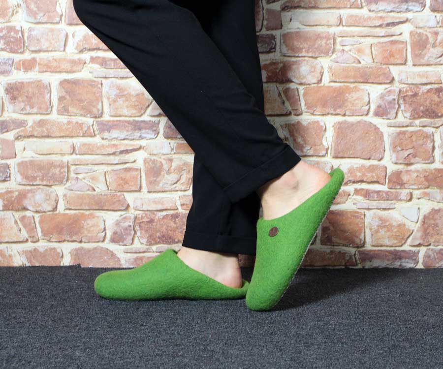 WoolFit Tibet Hand-Felted Wool Slippers in Grass Green, wool felt, rear three-quarter view; overhead top-down