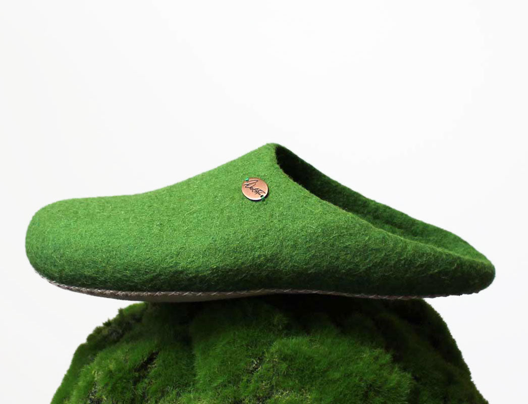 WoolFit Tibet Hand-Felted Wool Slippers in Grass Green, wool felt, top view