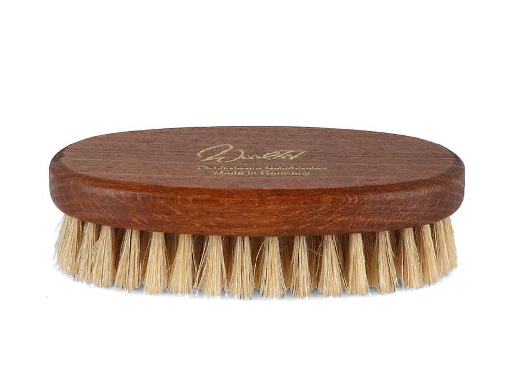 WoolFit brown wooden felt brush with natural bristles, side view