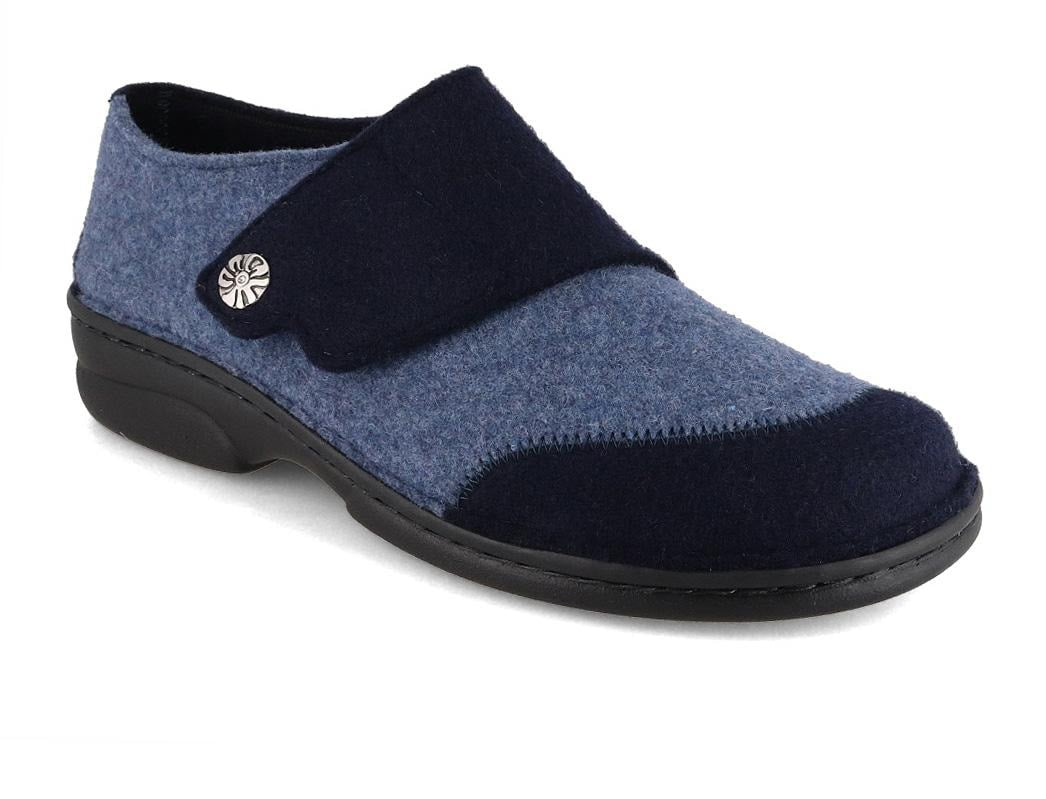Berkemann Jarla showing a blue felt vamp, dark-blue quarters, and an adjustable side strap