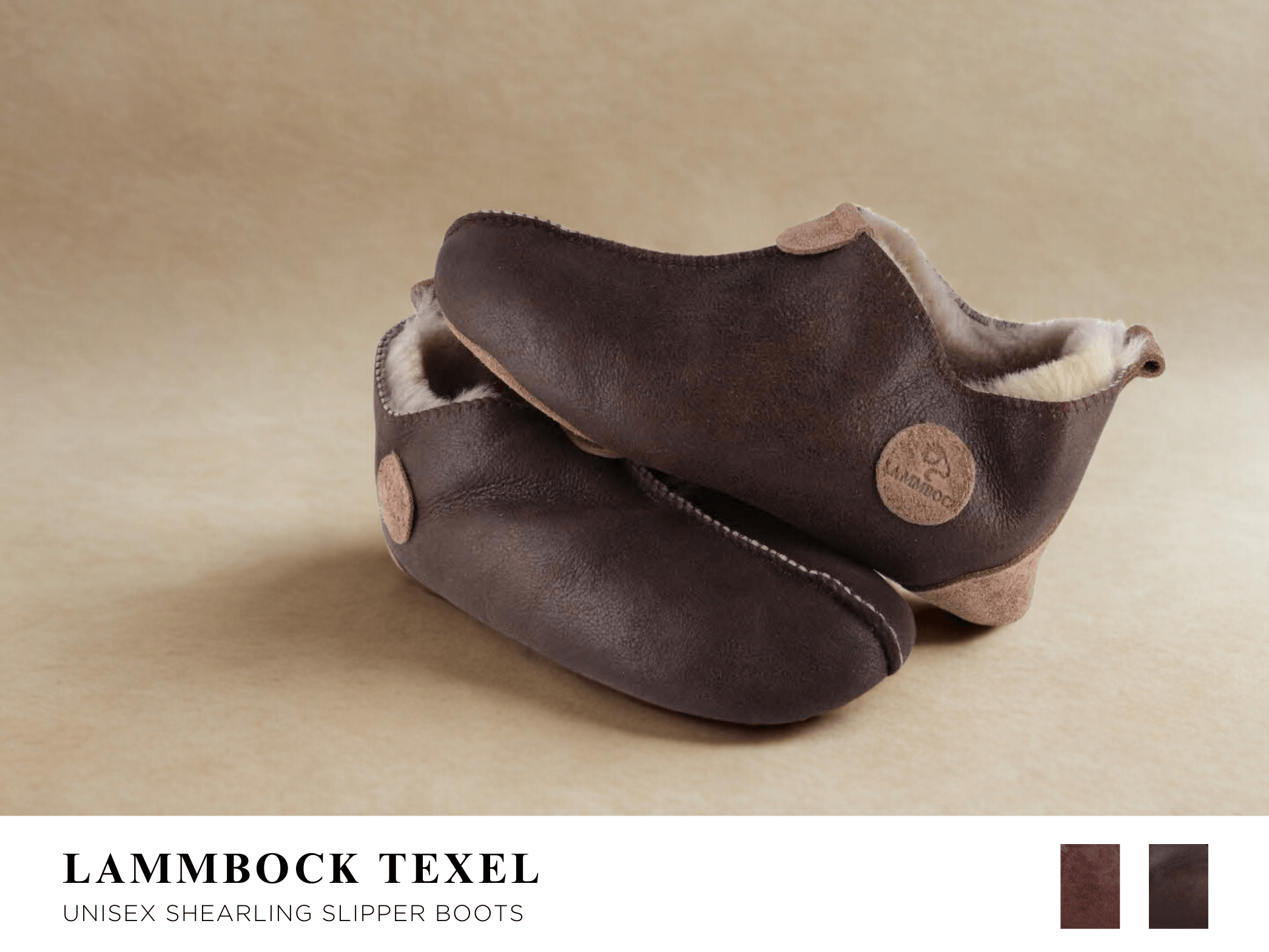Pair of Lammbock Texel dark brown shearling slipper boots on a neutral background