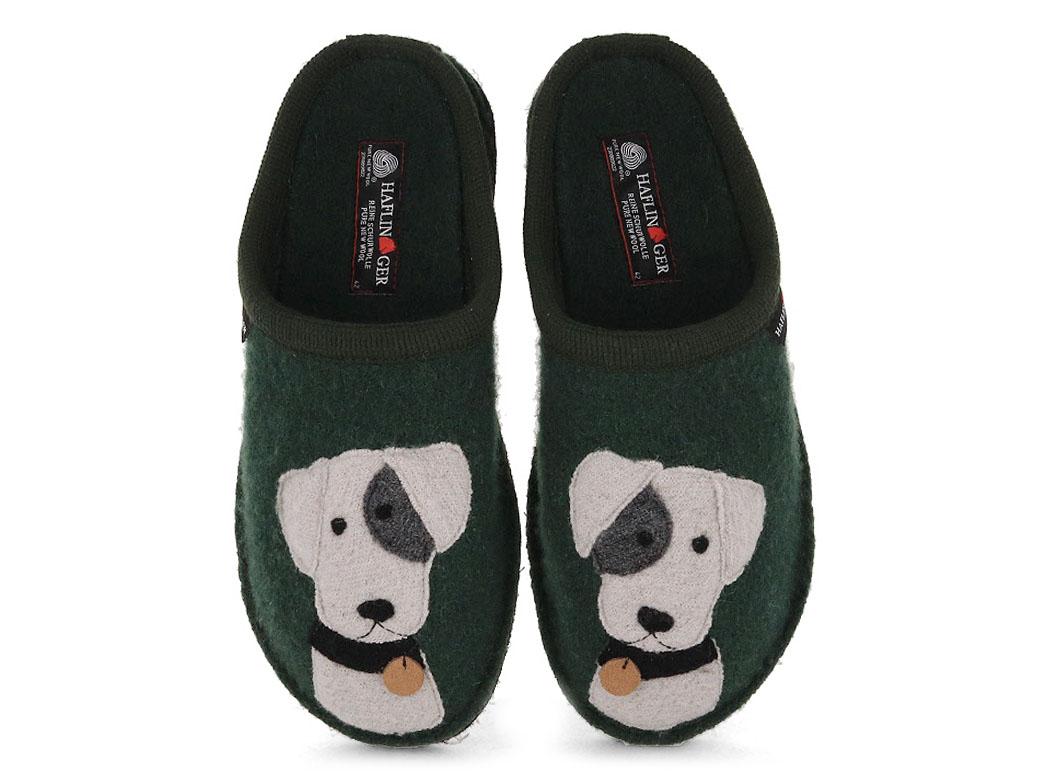 HAFLINGER Flair Rudi moss-green boiled wool slipper pair with dog appliqués, top view