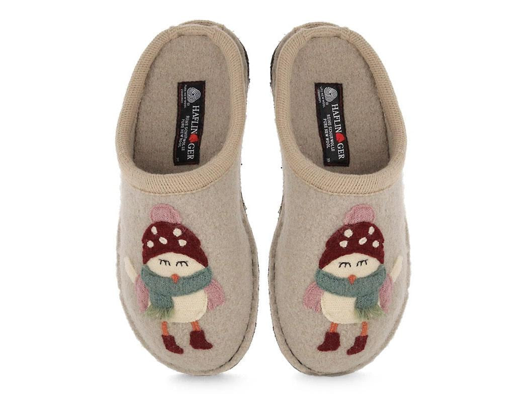 HAFLINGER Flair Birdie showing a beige boiled-wool upper with a bird motif across the pair