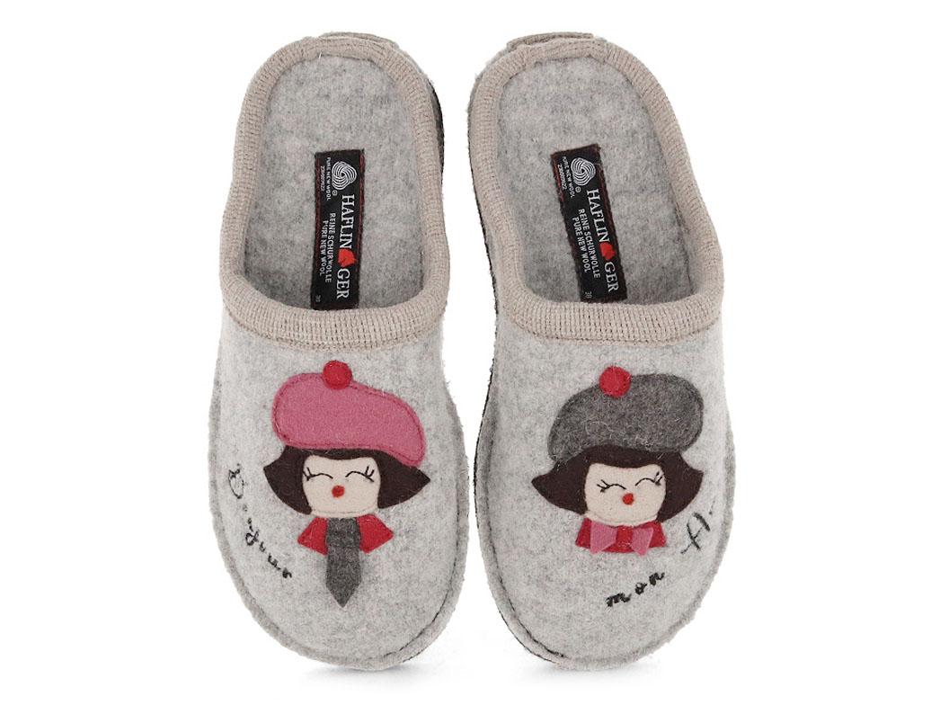 HAFLINGER Flair Bonjour stone-gray boiled wool slipper pair with contrasting girl appliqués, top view
