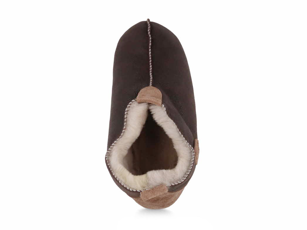 Lammbock Texel dark brown slipper boot, top view showing shearling lining