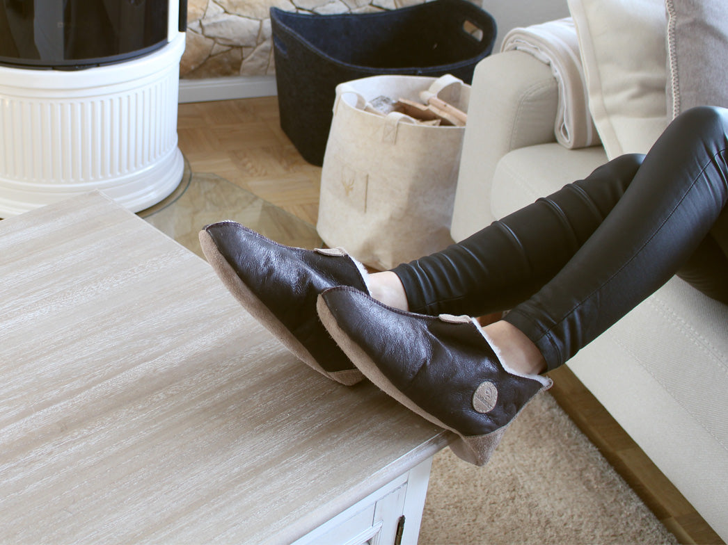 Lammbock Texel dark brown shearling slipper boots worn indoors