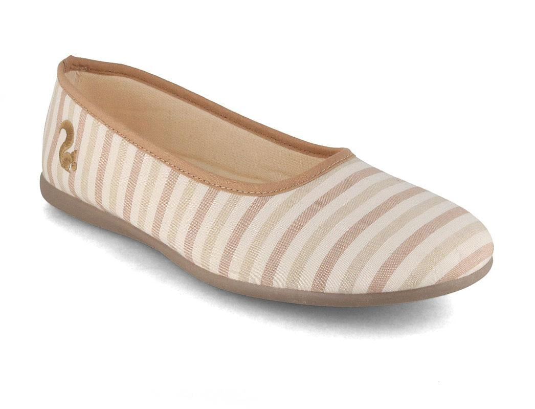 thies Eco Pyjama showing a beige-and-white striped textile ballerina upper