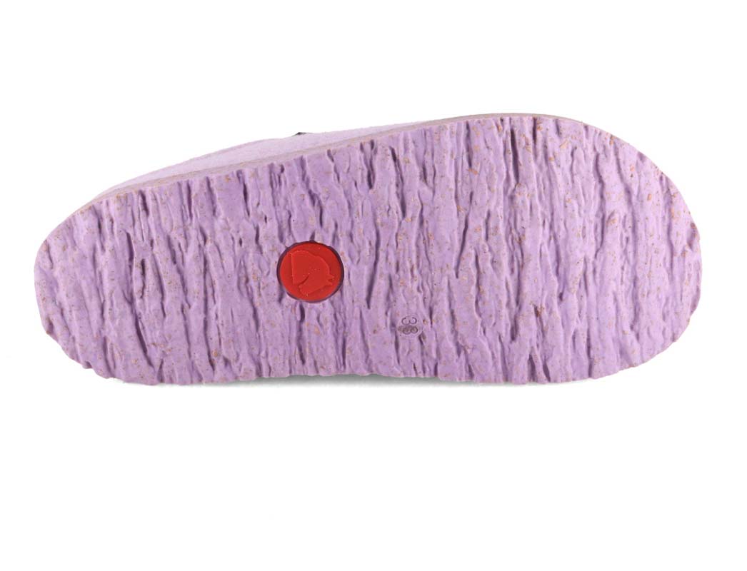 HAFLINGER Manhattan Women's Wool Felt Slippers in Lilac, outsole view; pair lifestyle layout